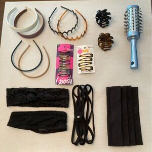 Hair accessories - Headbands, hair clips, and Conair styling brush.